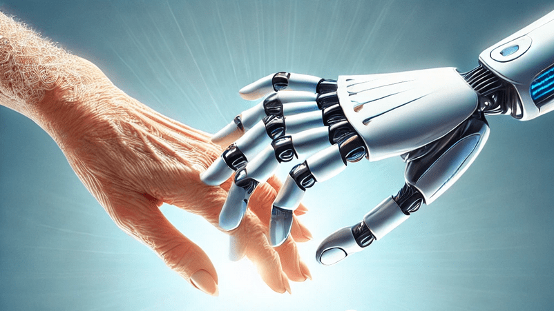 Mensch und Maschine - Eine Roboterhand berührt eine Menschenhand und Hände von älteren Menschen berühren Hände von Jungen Menschen.